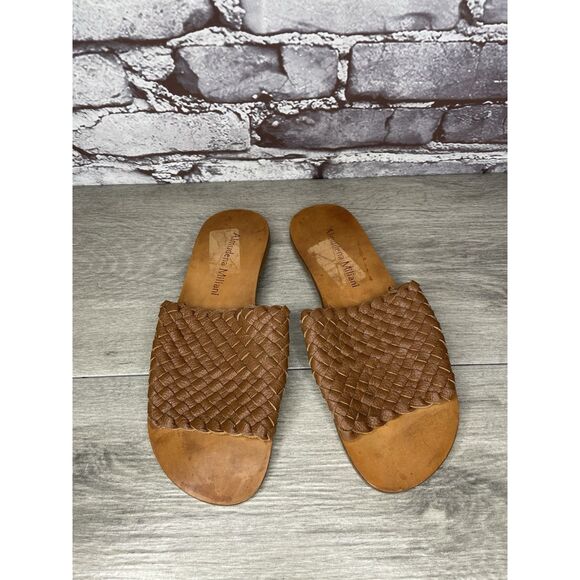 almudena miliani Brown Leather Woven Slide Sandals Women Sz 9M US/40EU - Picture 1 of 16